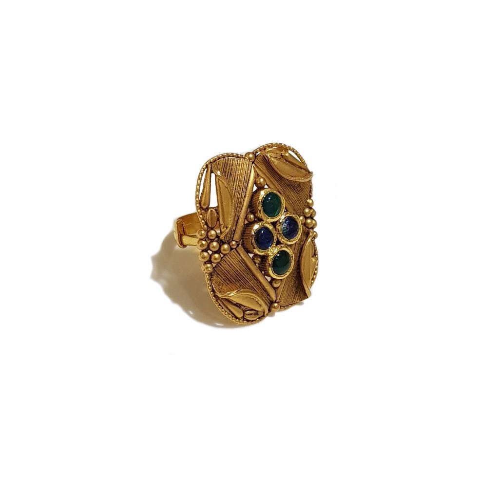 Gold Curl Ring With Two Stones Studs - Pearlkraft